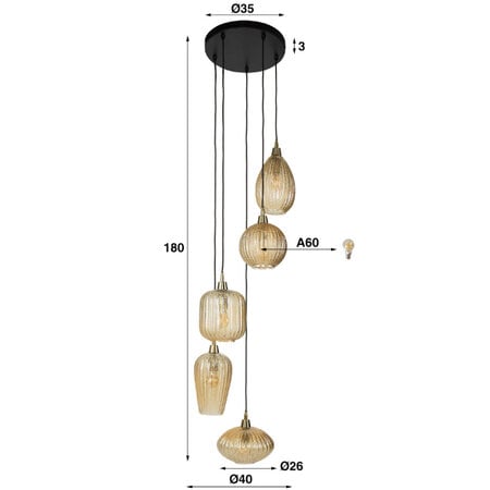 BelaLuz Klassieke hanglamp Beatrix 5-lichts getrapt goud met amber glas