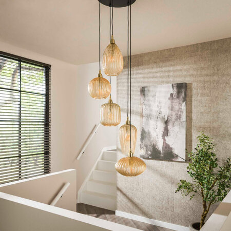 BelaLuz Klassieke hanglamp Beatrix 5-lichts getrapt goud met amber glas