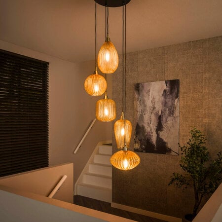 BelaLuz Klassieke hanglamp Beatrix 5-lichts getrapt goud met amber glas
