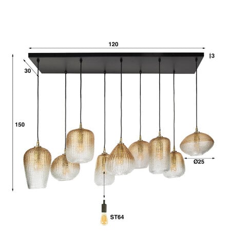 BelaLuz Hotel Chique hanglamp Bees 9-lichts goud met amber glas