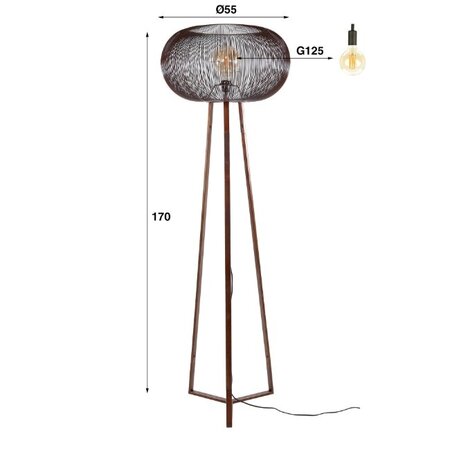 BelaLuz Industriële Vintage driepoots vloerlamp Vince 1-lichts koper