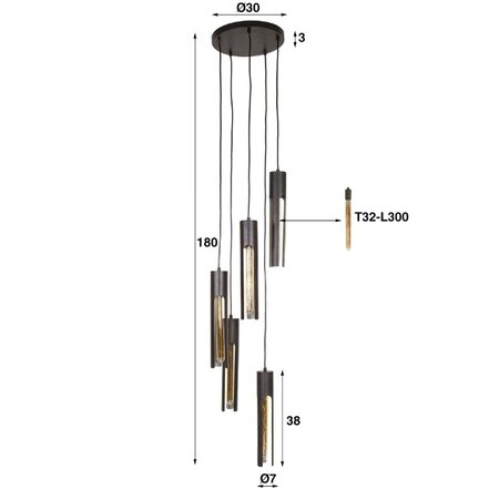 BelaLuz Industrieel Design hanglamp Titan 9 lichts getrapt charcoal
