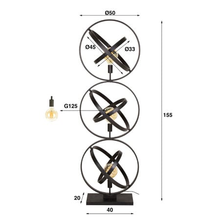 BelaLuz Industrieel Stoere Artic vloerlamp 3-lichts charcoal