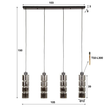 BelaLuz Modern Industriële hanglamp Caro 4 lichts cilinder glas