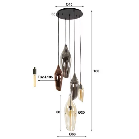 BelaLuz Design hanglamp Sferra 5-lichts getrapt met gekleurde glazen