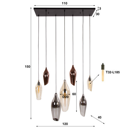 BelaLuz Design hanglamp Sferra 7 lichts met gekleurde glazen
