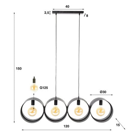 BelaLuz Industriële hanglamp Pluto 4 lichts charcoal