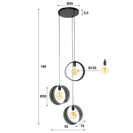BelaLuz industrieel hanglamp Pluto 3-lichts getrapt charcoal