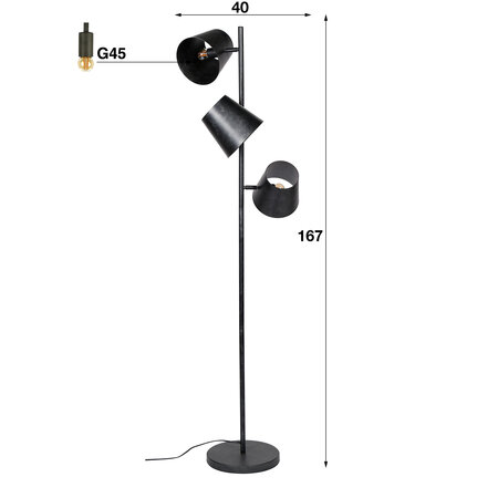 BelaLuz Industriële vloerlamp Tigris 3-lichts Ø18 cm kap charcoal