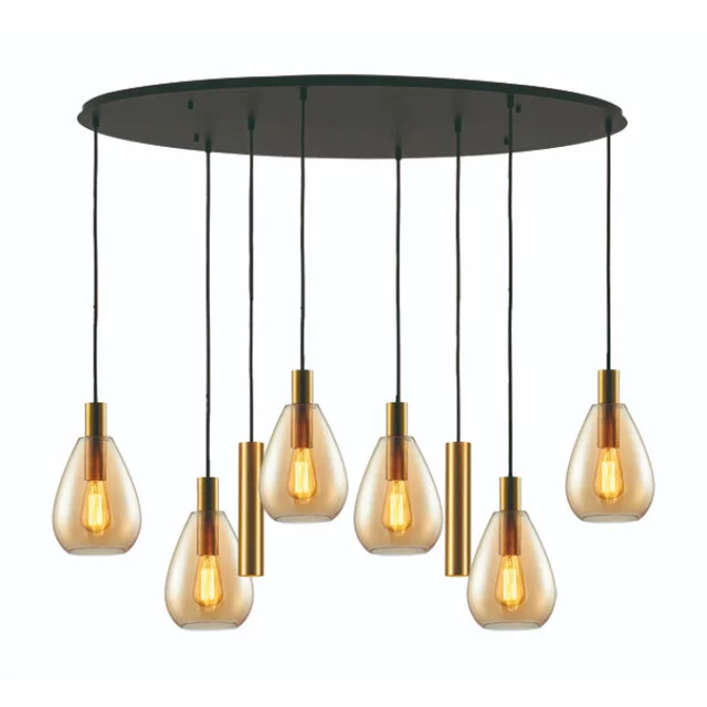 Hanglamp Dorato 8-lichts ovaal goud amber glas