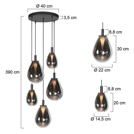 Steinhauer Design modern hanglamp Glimsy 1-lichts zwart met smoke glas