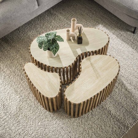 BelaLuz Landelijk modern Nuovo salontafel 3 set niervormig travertin mangohout