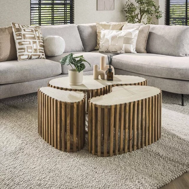 Salontafel Nuovo 3-set niervormig travertin mangohout