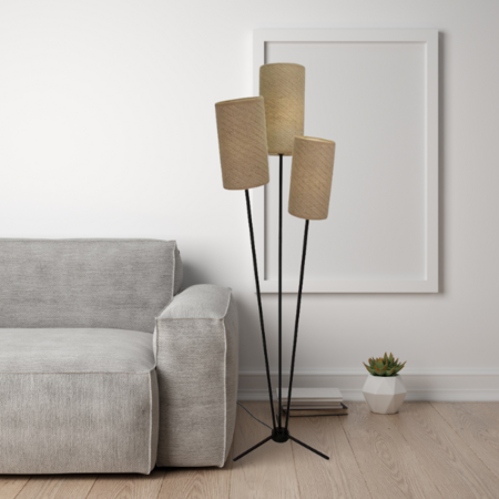 ETH Landelijke Japandi vloerlamp Zizal 3-lichts zwart met crème kappen