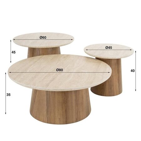 BelaLuz Moderne Japandi salontafel Romano 3 set tapse poot