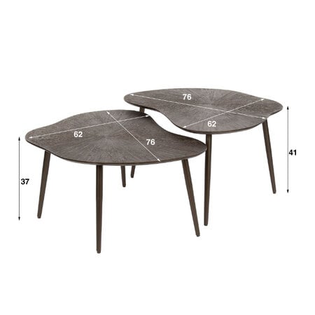 BelaLuz Modern industrieel salontafel Taro 2 set bladvormig bruin metal