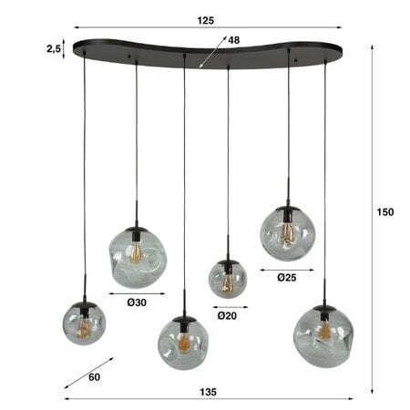 BelaLuz Moderne Industriële hanglamp Riza 6-lichts charcoal