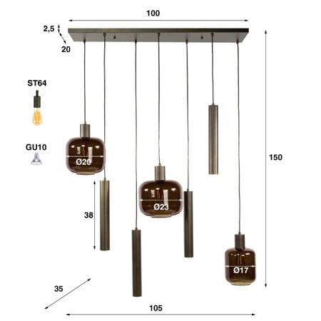 BelaLuz Moderne hotel chique hanglamp Calore 7-lichts Sienna brown