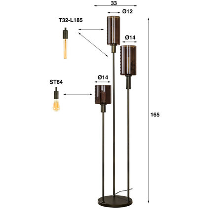 BelaLuz Moderne hotel chique vloerlamp Calore 3-lichts sienna brown