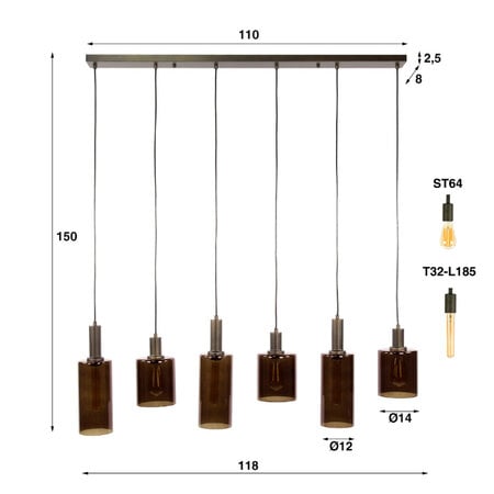 BelaLuz Moderne hotel chique hanglamp Calore 6-lichts Sienna brown