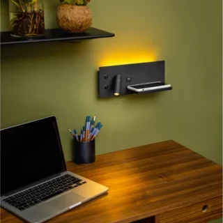 Wandlamp Nighty links 2-lichts met draadloos en USB-oplaadpunt