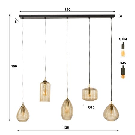 BelaLuz Klassieke hotel chique hanglamp Warp 5-lichts amber