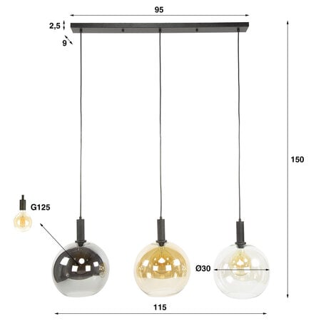 BelaLuz Moderne hanglamp Poly 3-lichts charcoal