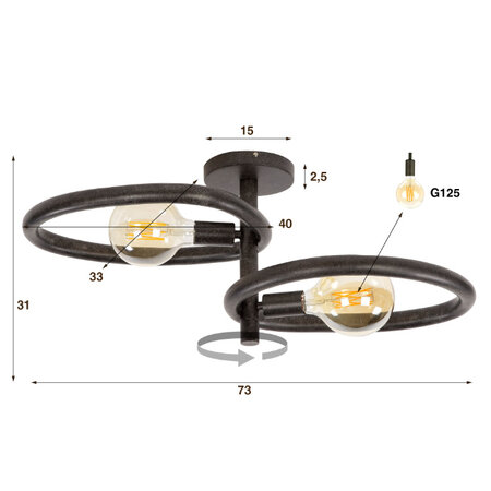 BelaLuz Industriële plafondlamp Flint 2-lichts charcoal