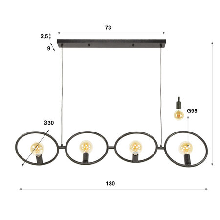 BelaLuz Modern industriële hanglamp Loop 4-lichts charcoal