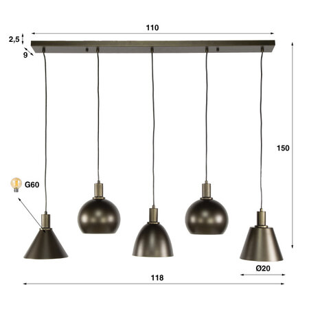 BelaLuz Modern chique hanglamp Forge 5-lichts Sienna brown
