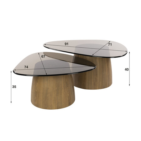BelaLuz Modern hotel chique salontafel Preto driehoekig set van 2 brons glas