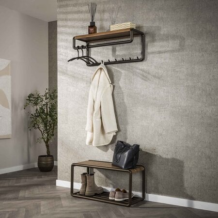 BelaLuz Modern landelijke kapstok Lema met 8 haken roede en hoedenplank drift brown