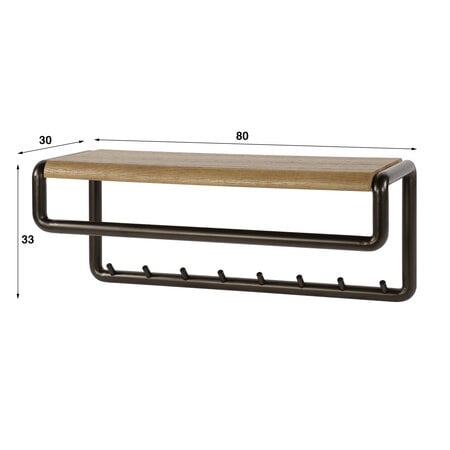 BelaLuz Modern landelijke kapstok Lema met 8 haken roede en hoedenplank drift brown