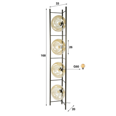 BelaLuz Modern industriële vloerlamp Sorro 4-lichts amber glas