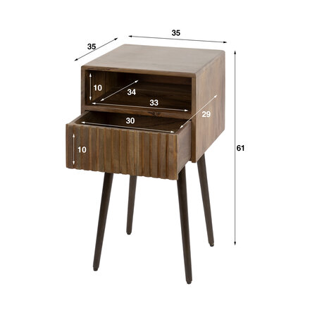 BelaLuz Modern landelijk nachtkastje Carve 1 lade open vak massief acacia bruin