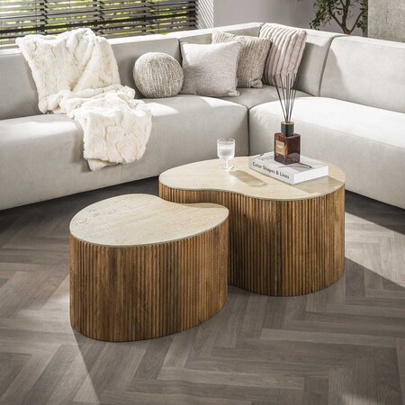 BelaLuz Modern landelijke Nuovo salontafel 2 set niervormig travertin mangohout