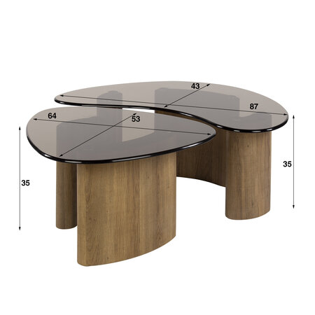 BelaLuz Mid-century moderne salontafel Preto organisch set van 2 brons glas