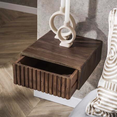 BelaLuz Landelijk modern nachtkastje Carve zwevend 1 lade set van 2 acacia bruin