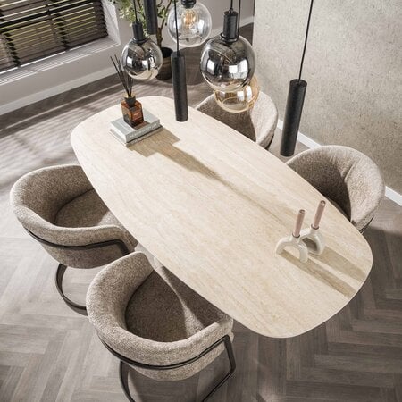 BelaLuz Modern Japandi eettafel Romano Deens ovaal keramiek travertin 180 cm