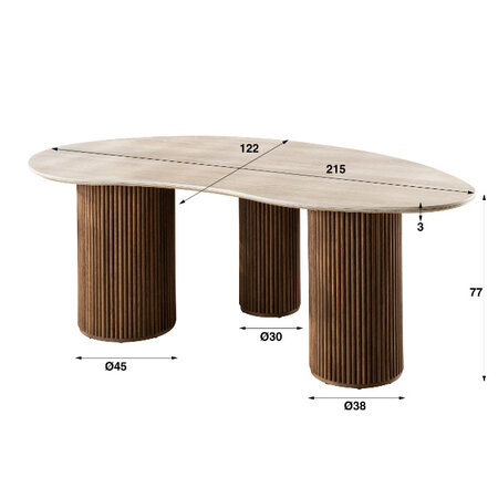 BelaLuz Modern Japandi eetkamertafel Romano niervormig travertin 215 cm