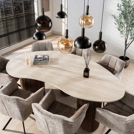BelaLuz Modern Japandi eetkamertafel Romano niervormig travertin 215 cm
