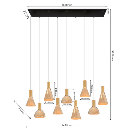 ETH Modern hotel chique hanglamp Lisa 9-lichts messing