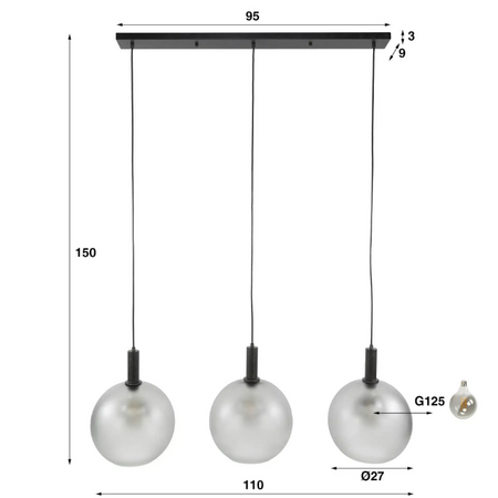 BelaLuz Modern industriële hanglamp Frost 3-lichts charcoal