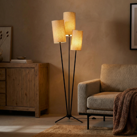 ETH Landelijke Japandi vloerlamp Zizal 3-lichts zwart met crème kappen