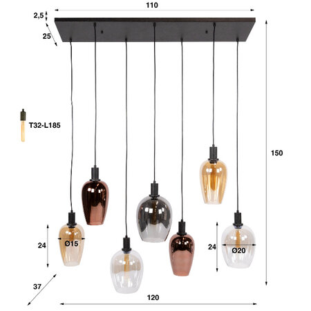 BelaLuz Modern design hanglamp Mirena 7-lichts mixed glass