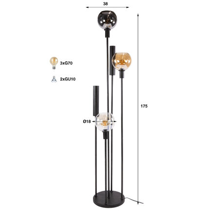 BelaLuz Modern industriële vloerlamp Poly 5-lichts charcoal