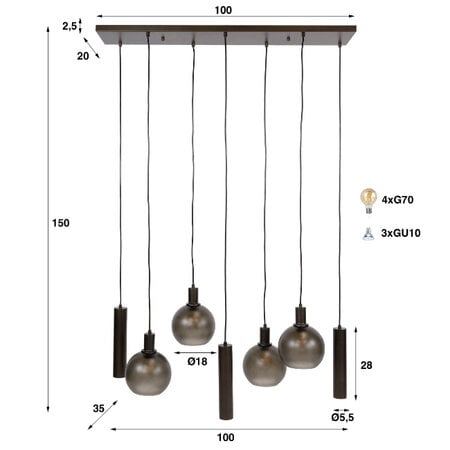 BelaLuz Hanglamp Waze 7-lichts Sienna brown met frosted glas
