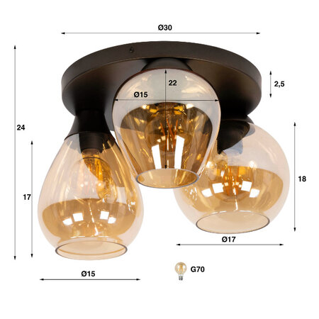 BelaLuz Modern Hotel chique Plafondlamp 3-lichts amber glas Vase