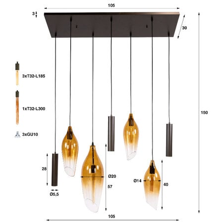 BelaLuz Modern industriële hanglamp Mara 7-lichts Sienna brown gold shaded glass