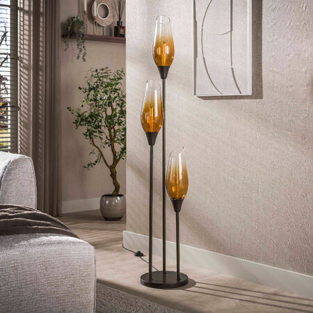 BelaLuz Modern industriële Vloerlamp Mara 3-lichts Sienna brown gold shaded glass